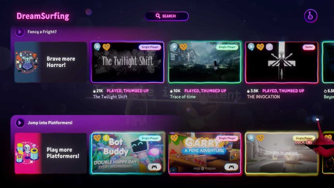 یک اسکرین شات که دو لیست پخش جدید در صفحه اول را نشان می دهد که شامل بازی های ترسناک و پلتفرمر در Dreams می شود.