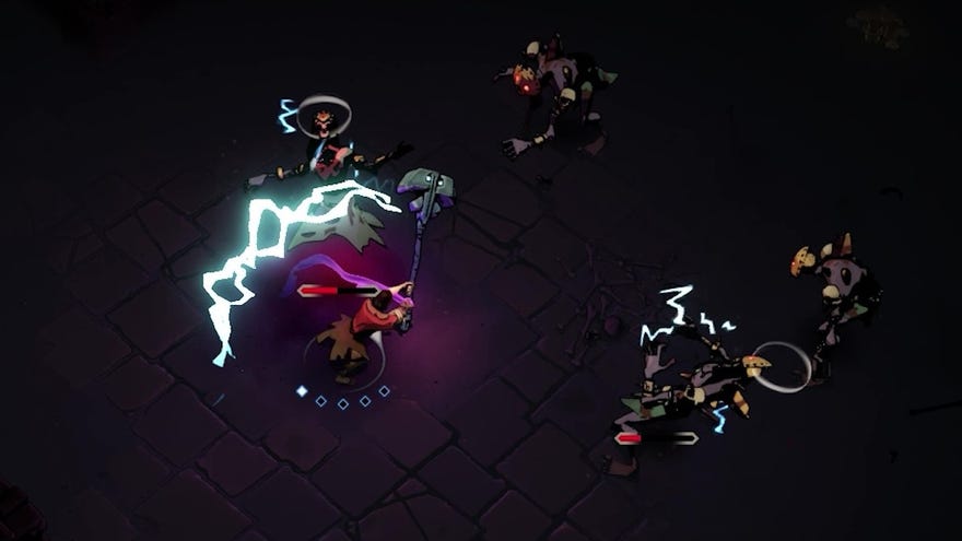 Little man swings large electric hammer in Curse Of The Dead Gods.