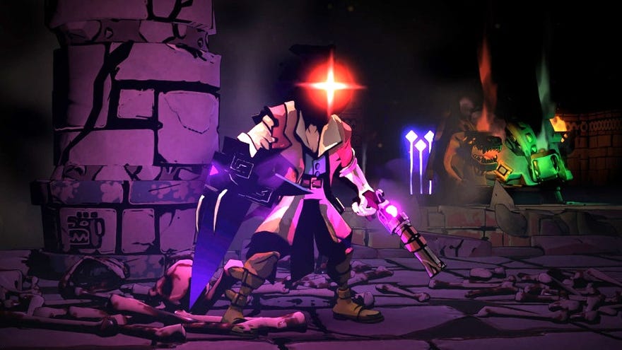 Curse Of The Dead Gods' main character sporting Dead Cells' Prisoner’s flaming head.