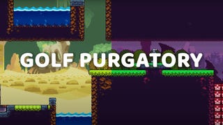 A screenshot from the trailer for Cursed To Golf, a golf game. It's 2D. There's TNT in the corner. Across the middle reads the text, "GOLF PURGATORY".