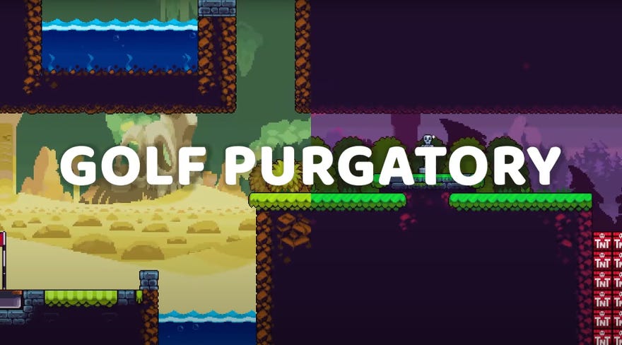 A screenshot from the trailer for Cursed To Golf, a golf game. It’s 2D. There’s TNT in the corner. Across the middle reads the text, “GOLF PURGATORY”.