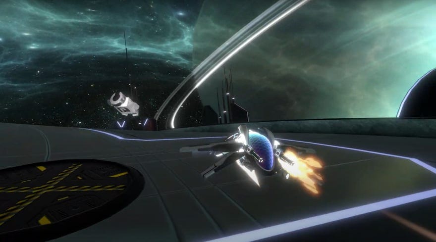 A screenshot of Curved Space, a scifi shmup, showing an R-Type like spaceship on the right and a robot on the left. Bet you can’t guess which one of these is a fragrance.