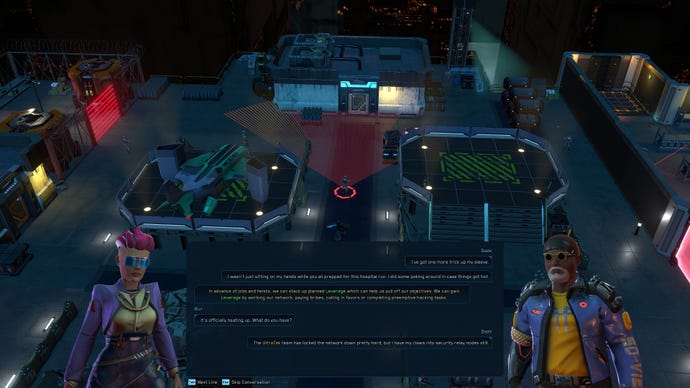 Two characters chat during a mission in Cyber Knights Flashpoint