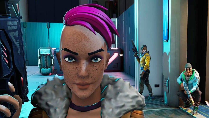 A pink-haired-mohawked character holds her pistol aloft and faces the camera, while her teammates take cover behind her.