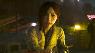 Cyberpunk 2077 best relic skills: A woman in a well-tailored silver jacket, with shoulder-length hair, is dimly illuminated by dirty yellow light. She stares into the camera while speaking with the player character