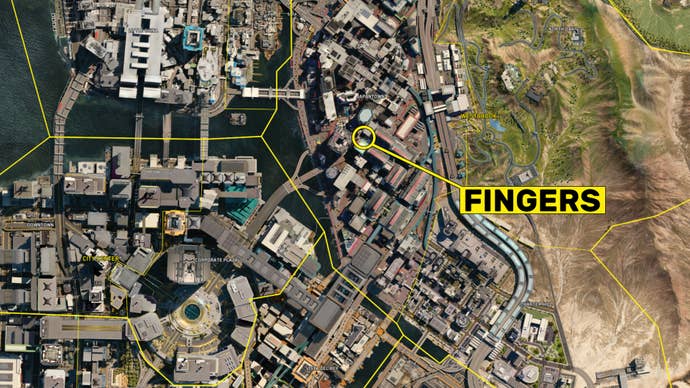 A screenshot of the Cyberpunk 2077 map, with the location of the Ripperdoc “Fingers” marked.