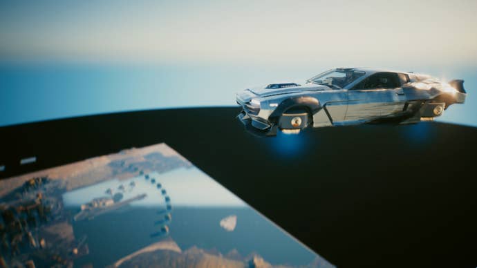 A flying car mode supra Night City successful Cyberpunk 2077.