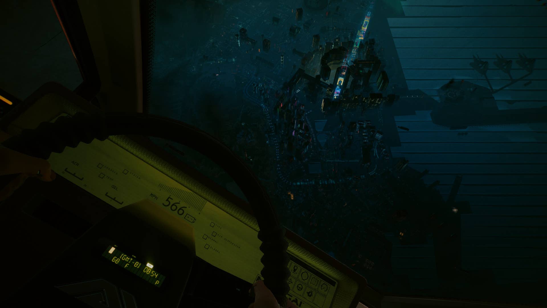 An internal shot of a car flying at a speed of 500 mph in cyberpank 2077.