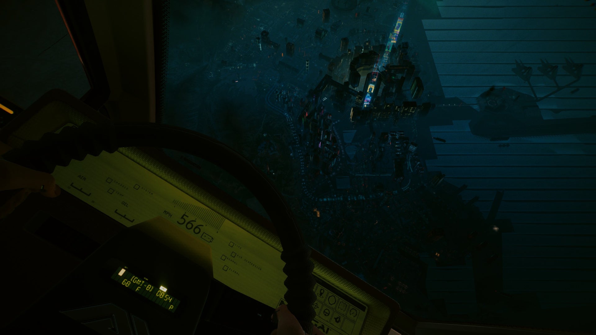 An interior shot of a car flying at 500 mph in Cyberpunk 2077. - 4