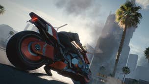 V about to ride away on a motorcycle in the show of some buildings in Cyberpunk 2077.