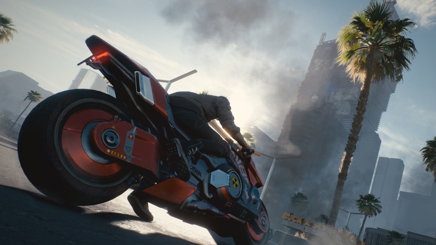 V about to ride away on a motorcycle in the show of some buildings in Cyberpunk 2077. - 1