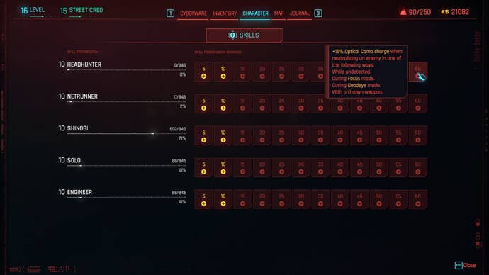 An image showing the revamped skill progression system introduced with Cyberpunk 2077’s 2.0 update.