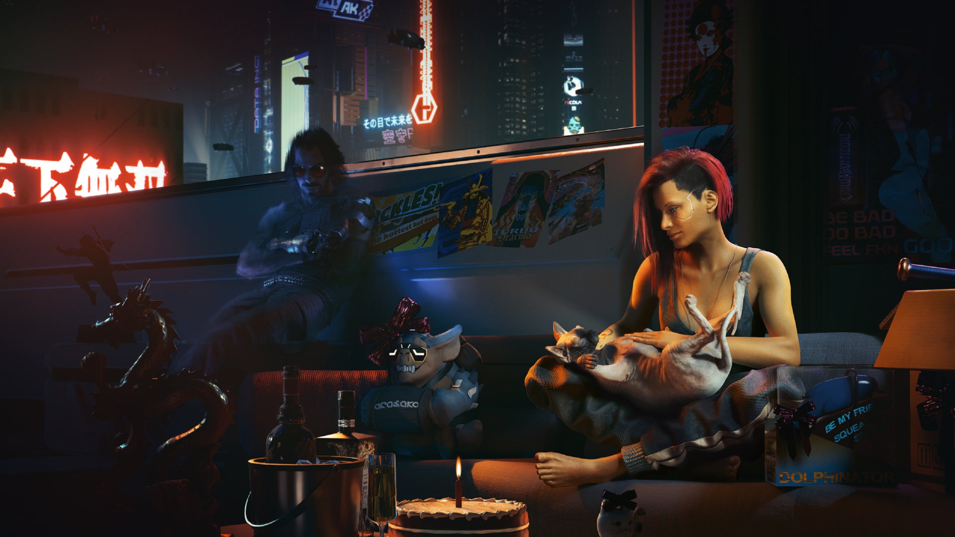 V and Johnny Silverhand sitting on a rooftop in Cyberpunk 2077. - 1