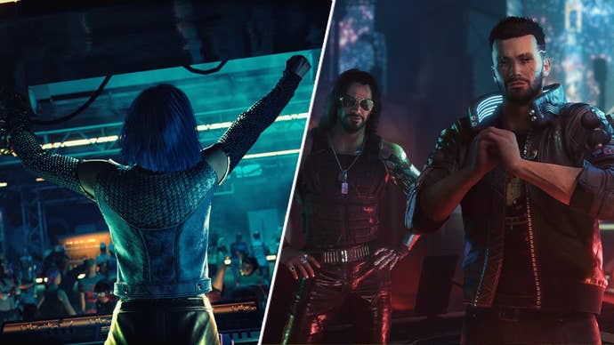 V and Johnny Silverhand in Cyberpunk 2077 next to NPCs partying in The Atlantis.