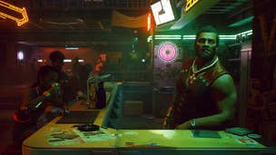 The bartender in Cyberpunk 2077 look at the camera in a futuristic bar.