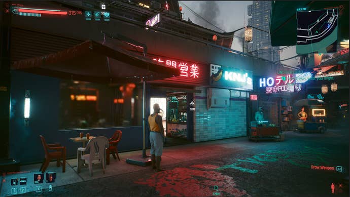 The exterior of the Kabuki Market Food Vendor where you can buy cat food in Cyberpunk 2077