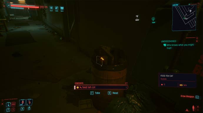 The "Feed teh cat" datashard in Cyberpunk 2077 that tell you about Nibbles