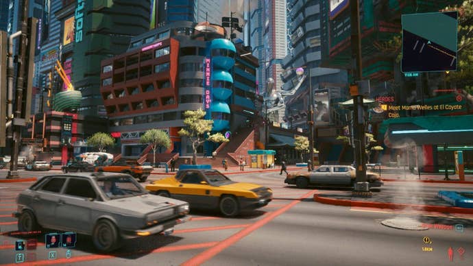 Cyberpunk 2077’s Night City as seen from the streets during daytime.