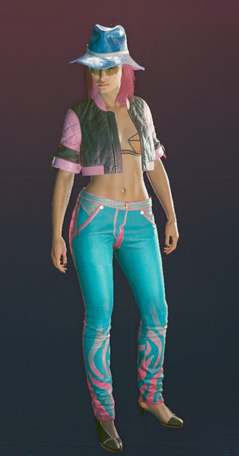 A screenshot of a female V’s outfit in Cyberpunk 2077.