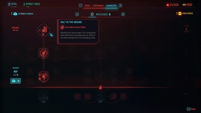 A Cyberpunk 2077 UI interface showing the revised perk progression system.