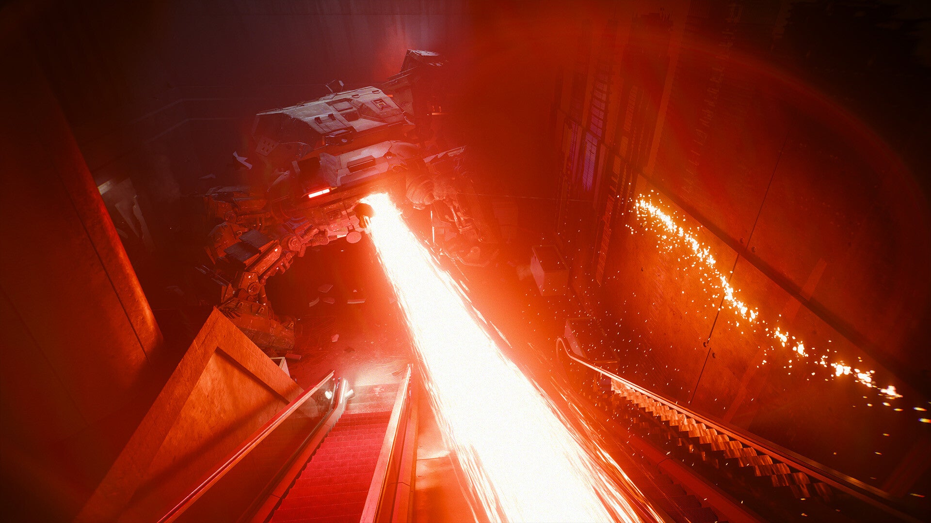 The Chimera boss shoots a flaming laser up a stairwell in a promotional image for Cyberpunk 2077: Phantom Liberty. - 1