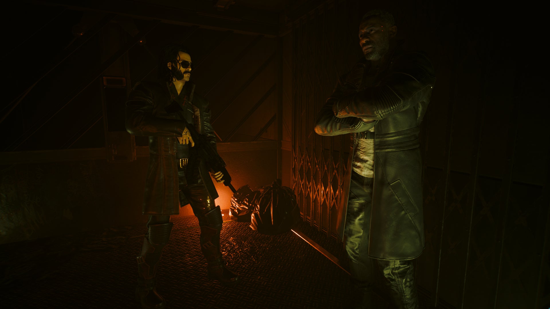 Idris Elba and V in a lift in Cyberpunk 2077's Phantom Liberty expansion. - 3