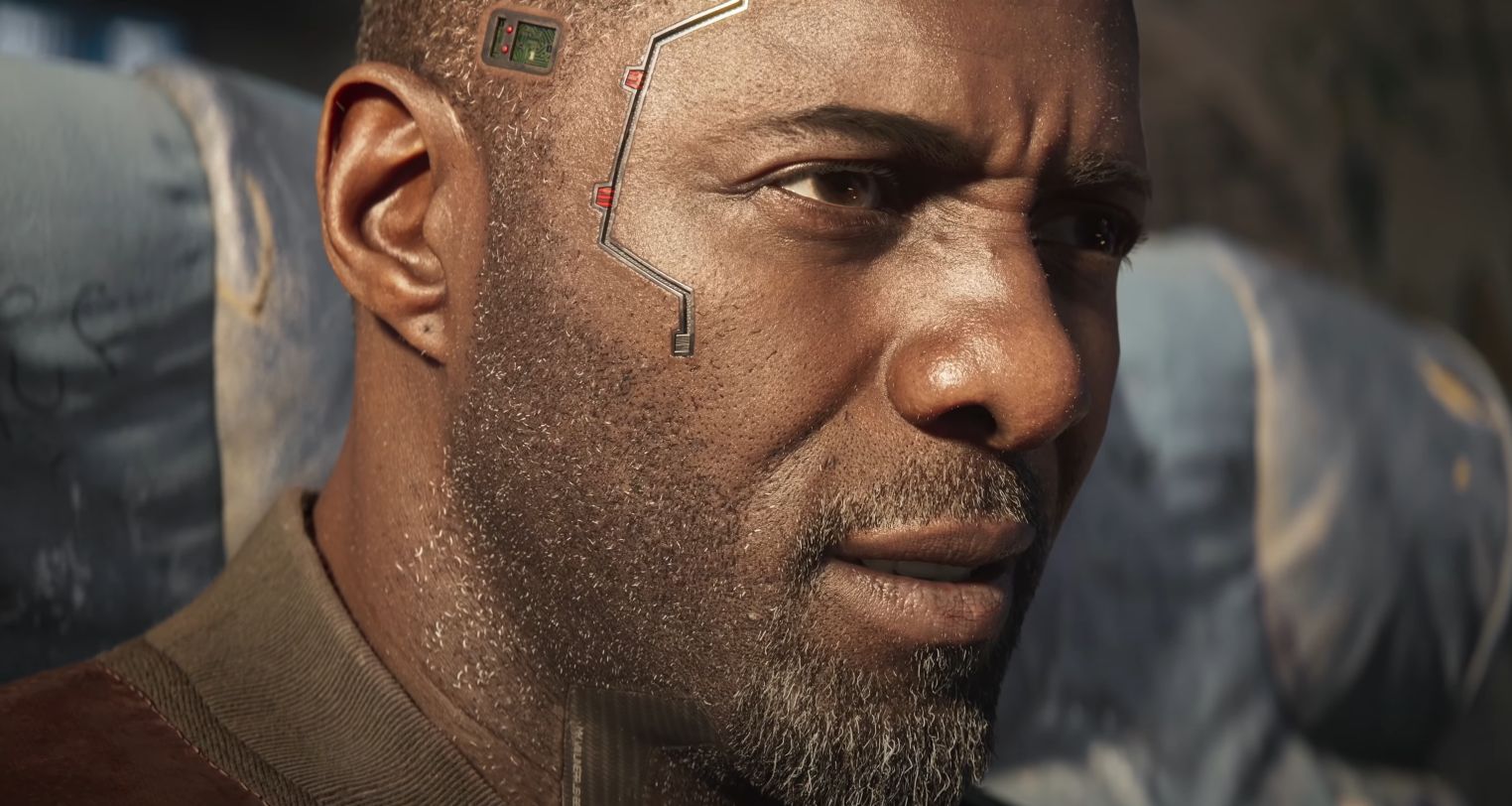A close-up of Idris Elba&rsquo;s digital face as Solomon Reed in Cyberpunk 2077: Phantom Liberty&rsquo;s cinematic trailer.