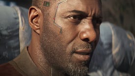 A close-up of Idris Elba's digital face as Solomon Reed in Cyberpunk 2077: Phantom Liberty's cinematic trailer.