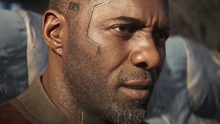 A close-up of Idris Elba's digital face as Solomon Reed in Cyberpunk 2077: Phantom Liberty's cinematic trailer.