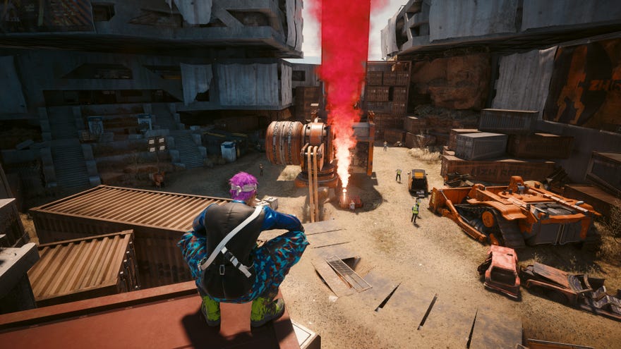 Red smoke rises in front of V in Cyberpunk 2077: Phantom Liberty.