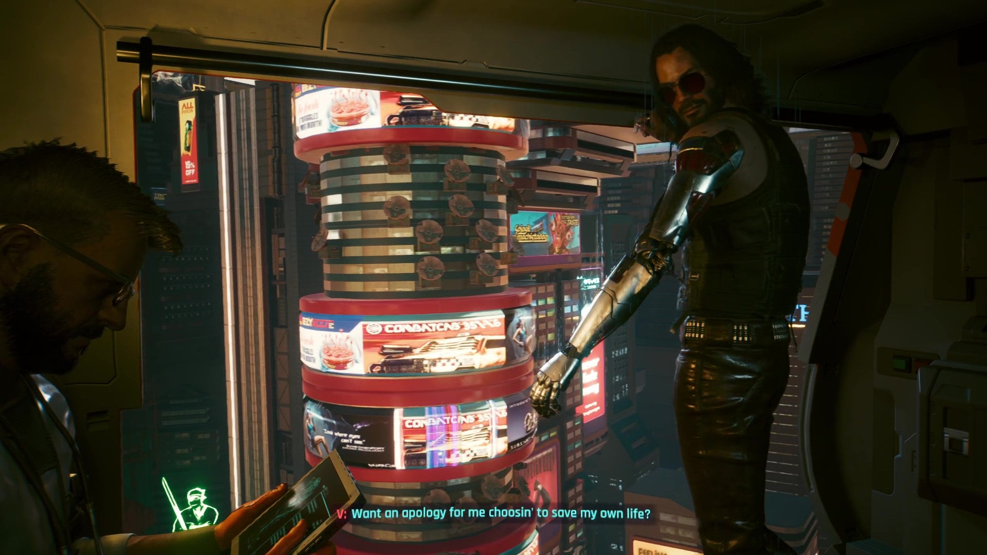 Johnny pitches one last cigarette out of the open door of the helicopter as V flies out of Night City to get the Relic surgically removed. - 5