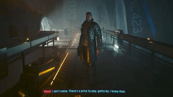 Reed stands in the rain in front of the player in Cyberpunk 2077 Phantom Liberty, holding his pistol by his side.
