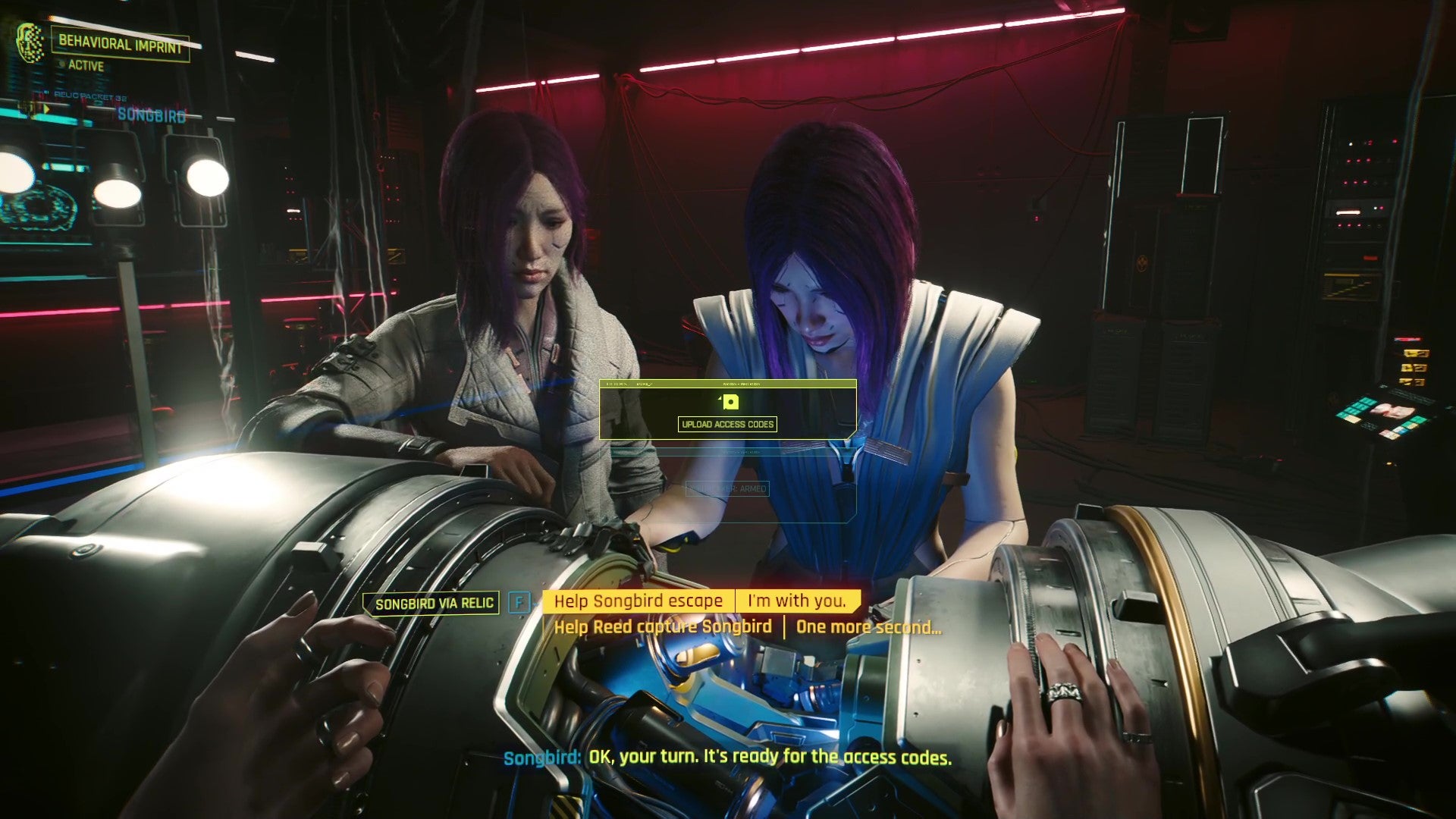 Two versions of Songbird talk to V as a major decision of who to ally yourself to flashes up on the UI.