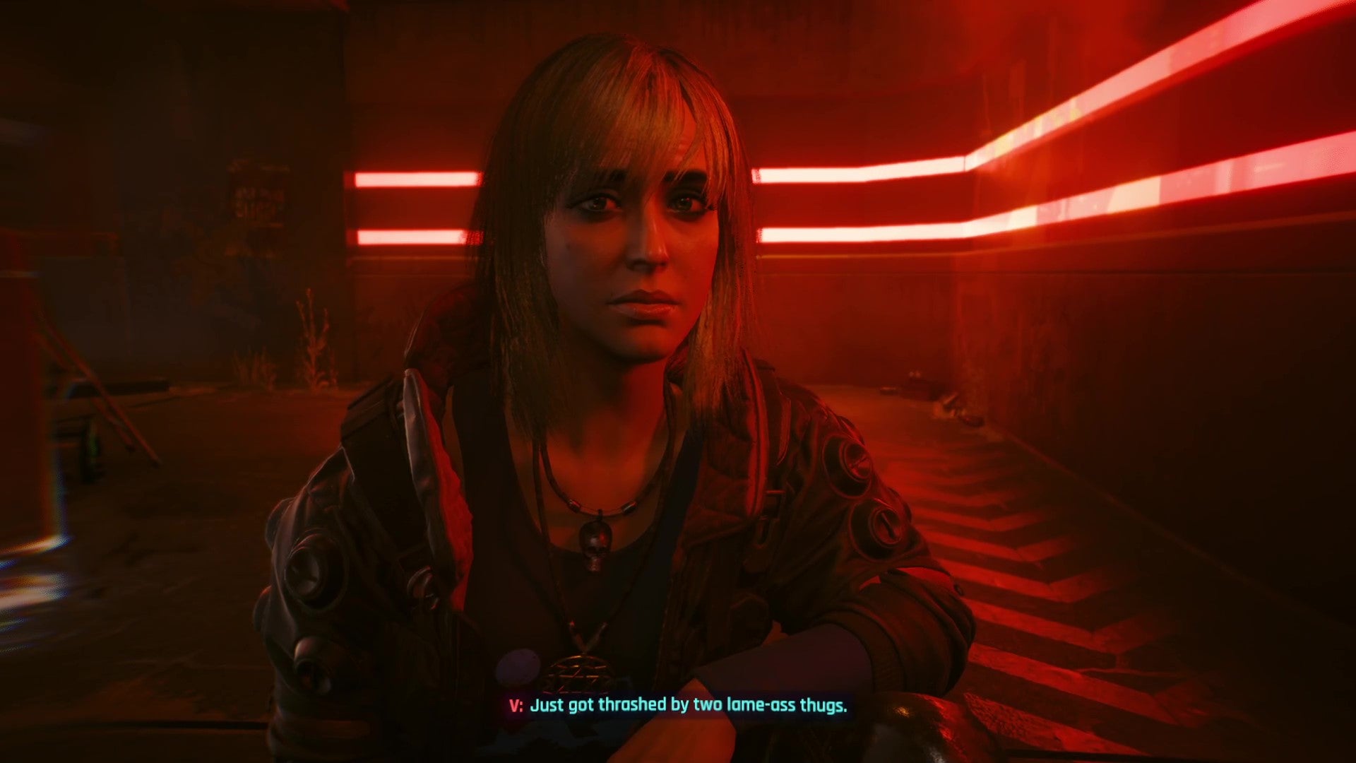 Misty crouches by V in a red-lit alley after they've been mugged, listening sympathetically to their story. - 7