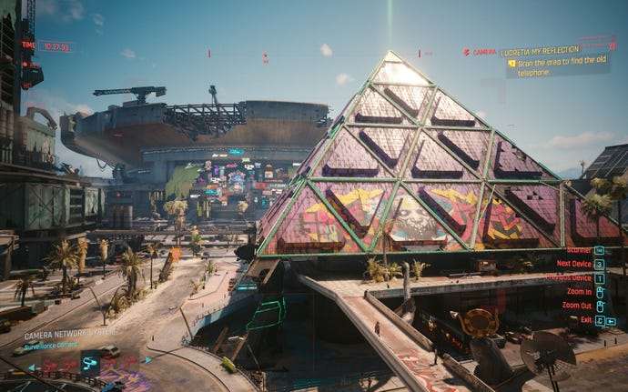 Dogtown's pyramid houses a nightclub and looks great at all times of day in Cyberpunk 2077: Phantom Liberty.