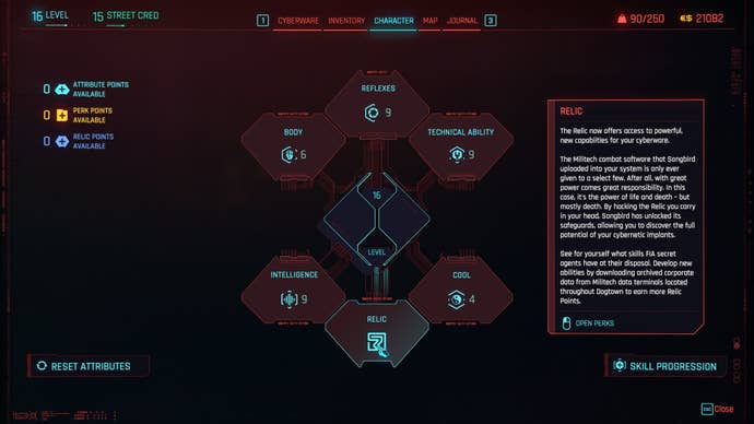 A Cyberpunk 2077 UI interface showing the revised interface for attributes, including information on Relic options.