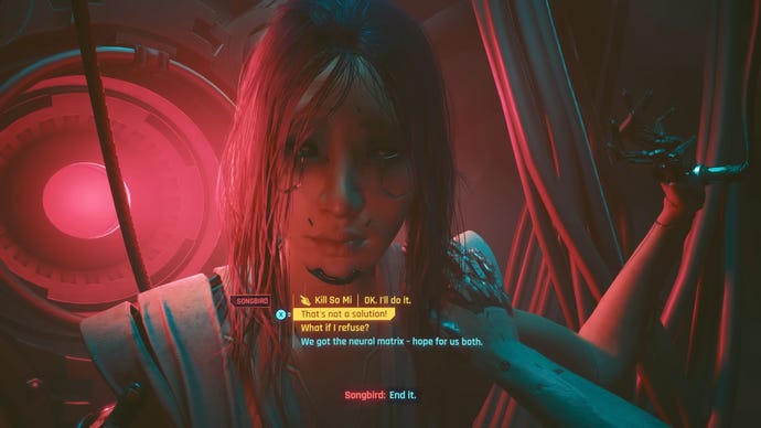 A close-up of So Mi's face in Cyberpunk 2077 Phantom Liberty as she's hooked into the Blackwall machinery in the Somewhat Damaged mission.