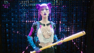 Rita, the Moxes bouncer, in a Cyberpunk 2077 screenshot.