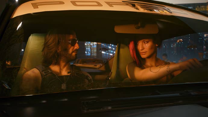 Johnny Silverhand and V successful a car successful Cyberpunk 2077.