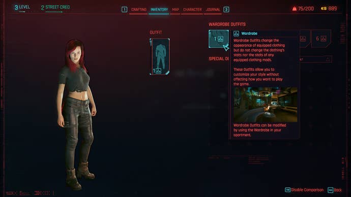A screenshot of the outfits screen of the inventory in Cyberpunk 2077. V is shown standing on the left, and a panel on the right explains the transmog feature of the wardrobe.