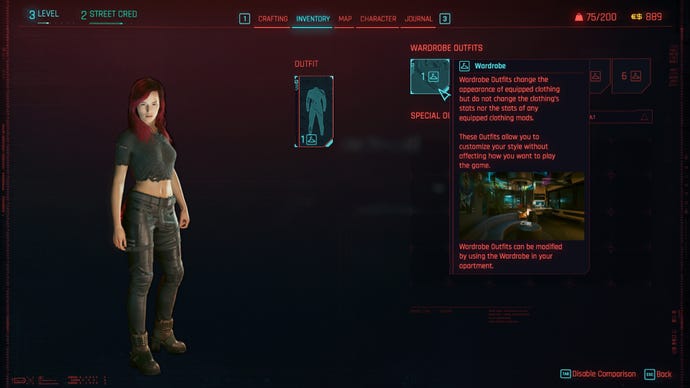 A screenshot of the outfits screen of the inventory in Cyberpunk 2077. V is shown standing on the left, and a panel on the right explains the transmog feature of the wardrobe.