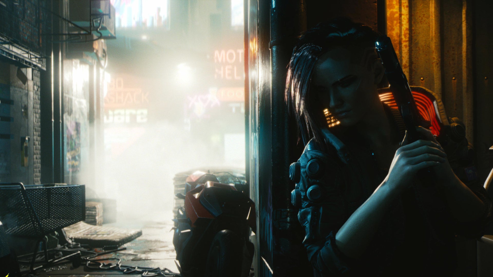 V hiding around a corner with a gun in Cyberpunk 2077. - 1