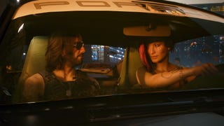 A Cyberpunk 2077 screenshot showing Keanu Reeves' Johnny Silverhand and the female version of V. conversing in the front of a vehicle.