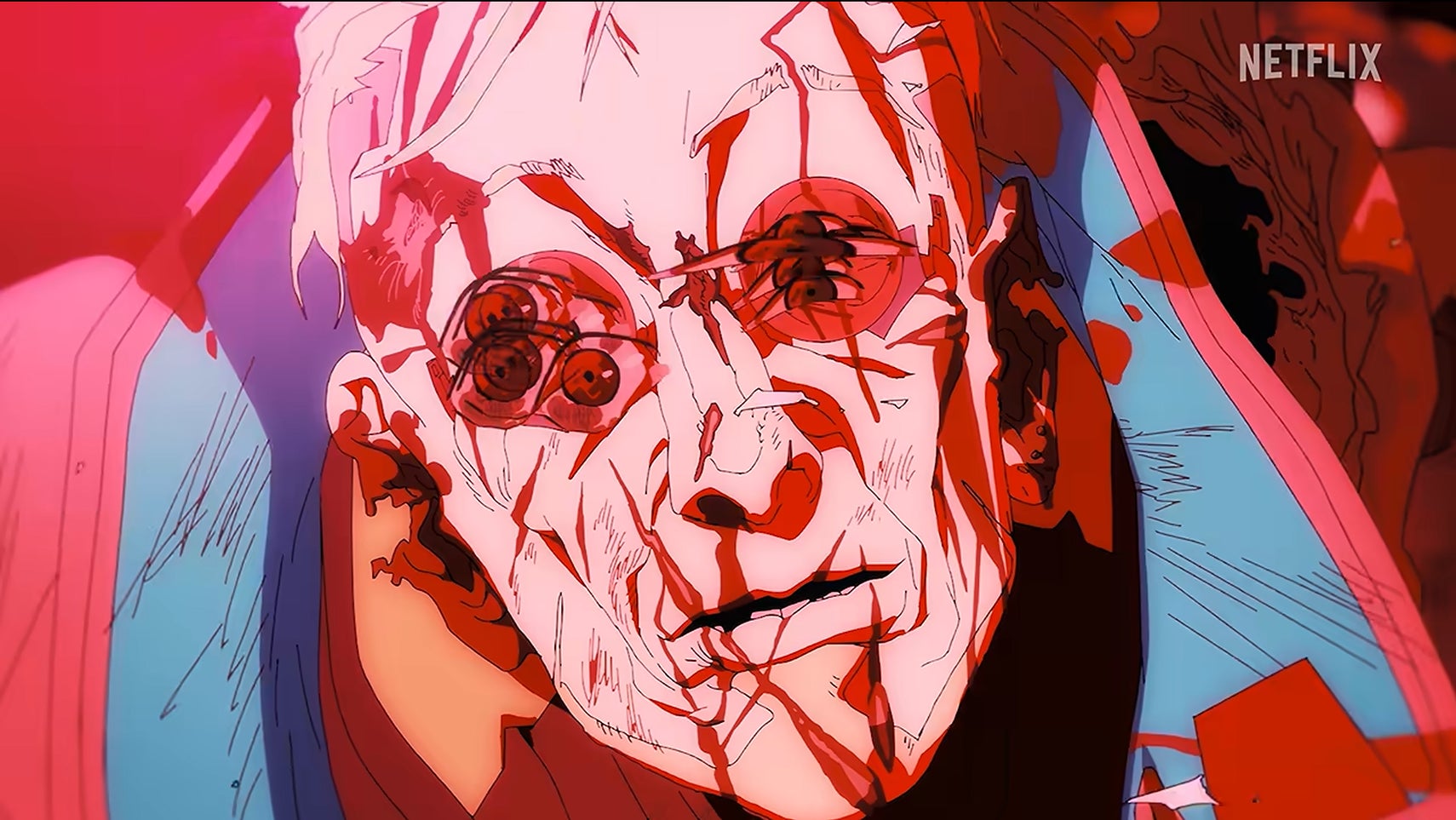 A bloody face from the Cyberpunk Edgerunners season 2 teaser trailer.