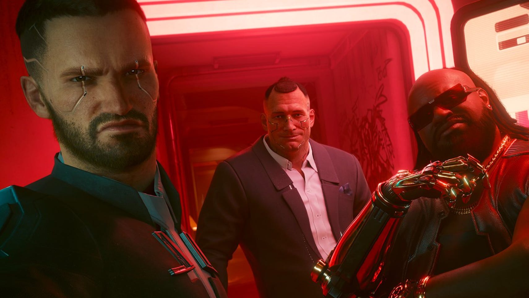 Cyberpunk 2077 screenshot showing three male characters in red light