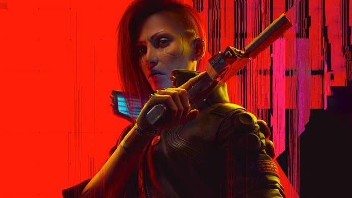 Cyberpunk 2077: Phantom Liberty key art showing fem V holding a pistol, a broken red screen behind her.