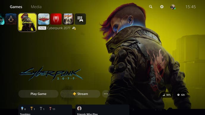 PlayStation 5 UI showing Cyberpunk and streaming logo