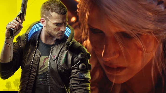 Composite image showing the male version of Cyberpunk 2077 protagonist V on the left and a close-up of The Witcher 4’s Ciri on the right.