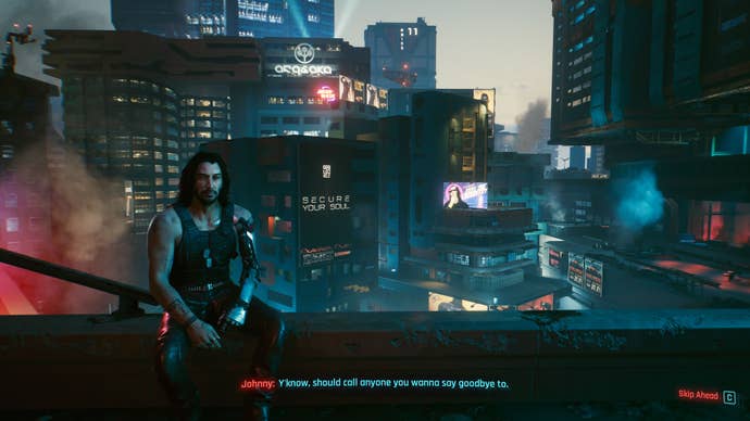 Johnny Silverhand on the rooftop overlooking Night City, at the point of no return of Cyberpunk 2077's main ending(s).