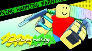 Artwork for the Roblox game Cyberpunking showing a Roblox character with futuristic, robotic attachments on their arms.